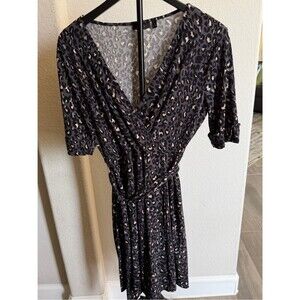 Apt. 9 Black Leopard Print Midi Wrap Dress with Taupe Spots M